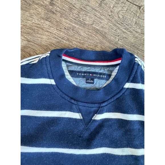 Tommy Hilfiger Mens Navy Blue White Striped Crewneck Sweatshirt Size M - Picture 3 of 5